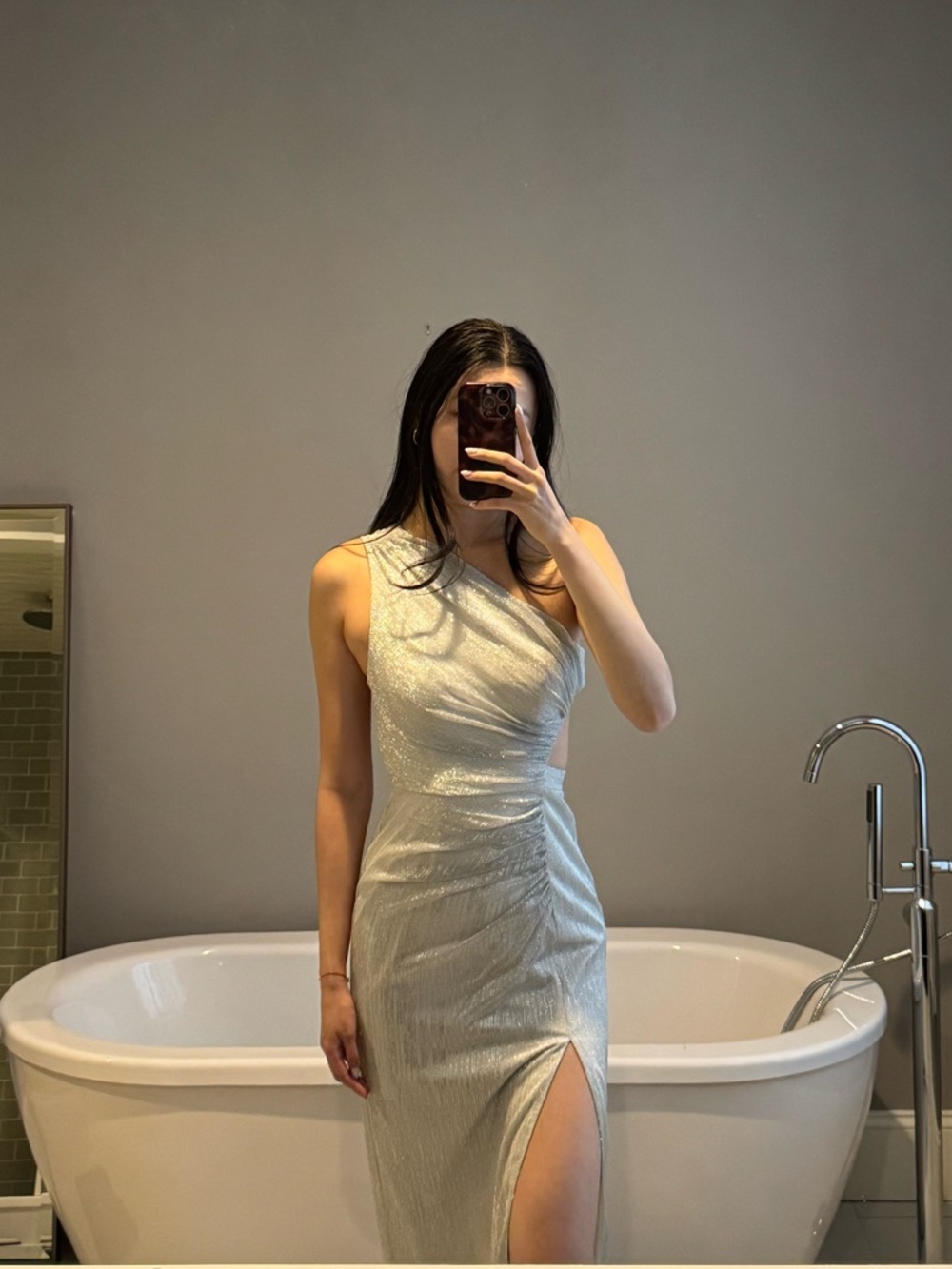 Aidan Mattox Silver One-Shoulder Metallic Evening Dress - Picture 2 of 5